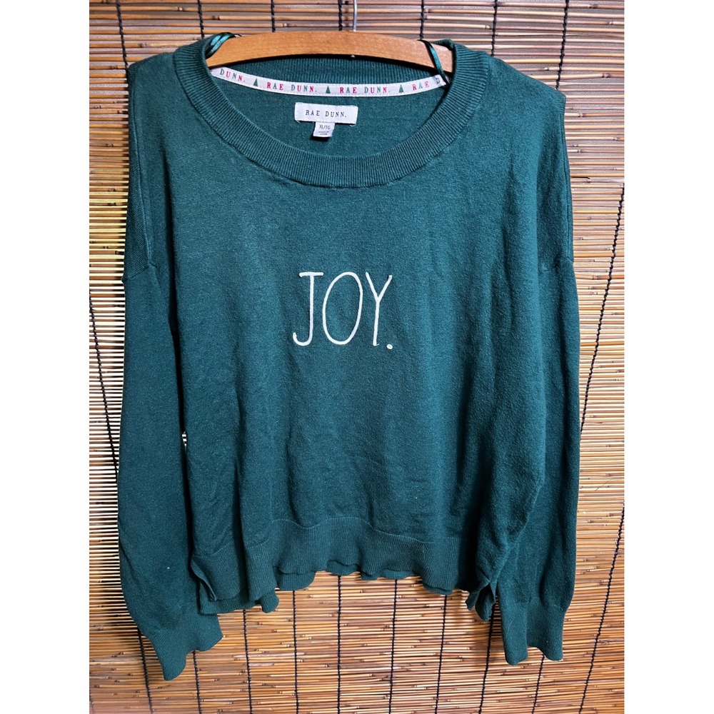 Rae Dunn XL Sweater Joy Green Embroidered Rayon Blend Pullover